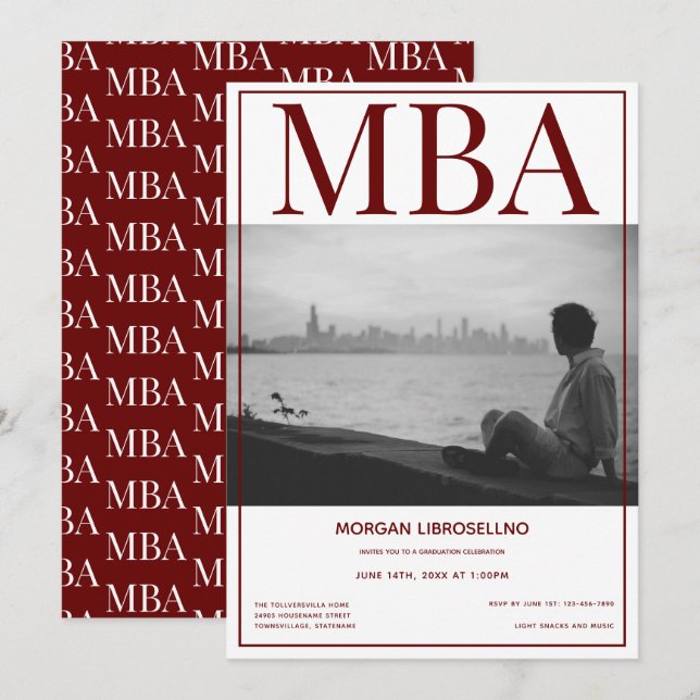 MBA degree White Burgundy Photo Graduation Party Invitation (Front/Back)