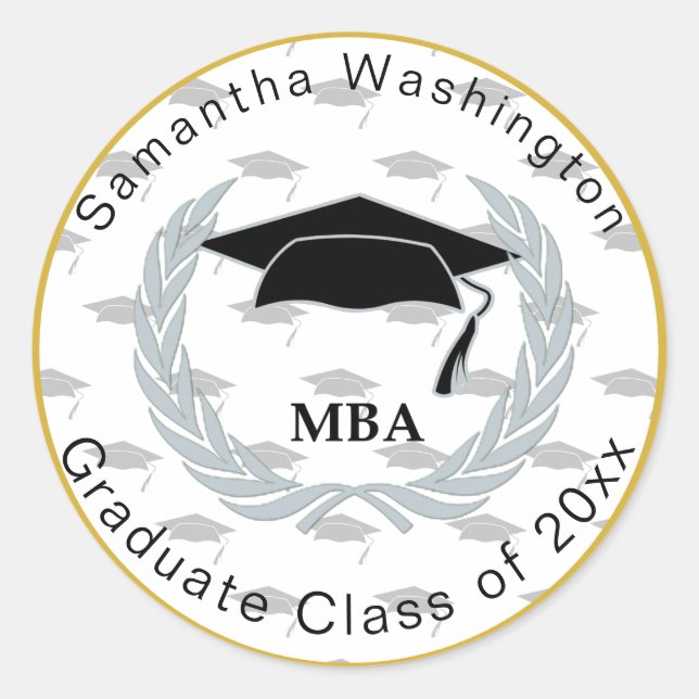 MBA Masters Graduate Cap Pattern Gold Border Classic Round Sticker (Front)