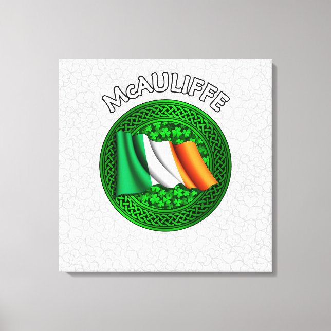McAuliffe Crest & Celtic Knot on Shamrock Canvas Print (Front)