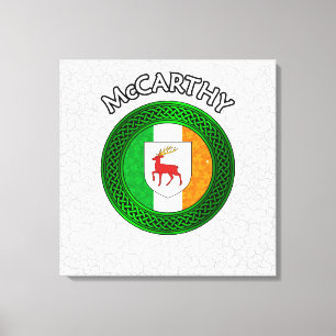 McCarthy Crest & Celtic Knot on Shamrock Canvas Pr Print