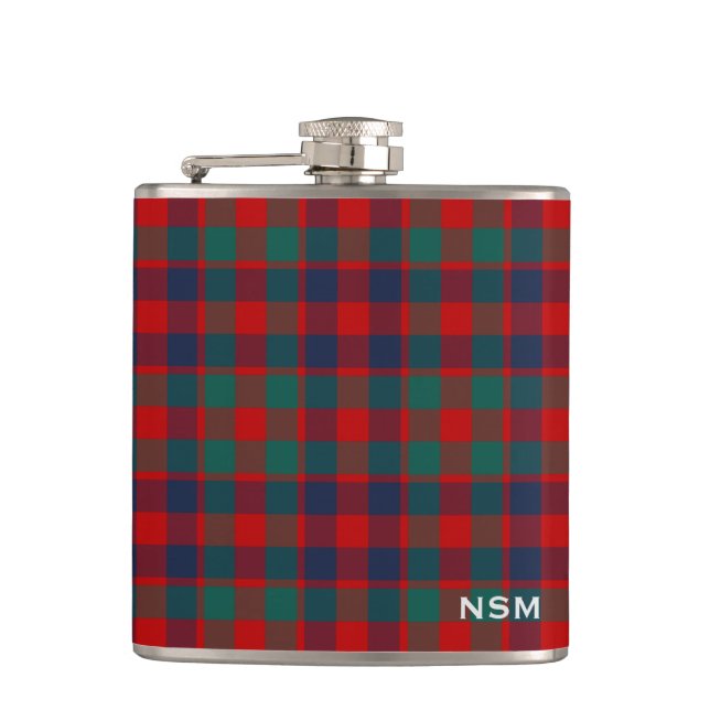 McGowan Tartan Monogram Bright Red Plaid Hip Flask (Front)