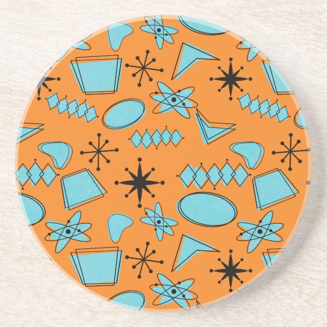 MCM Atomic Shapes Turquoise on Orange Coaster (Front)