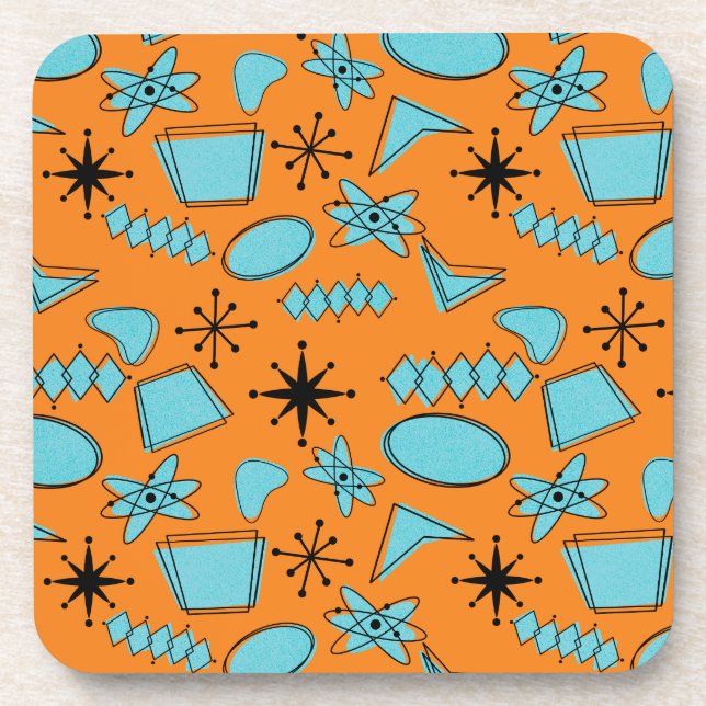 MCM Atomic Shapes Turquoise on Orange Coaster (Front)