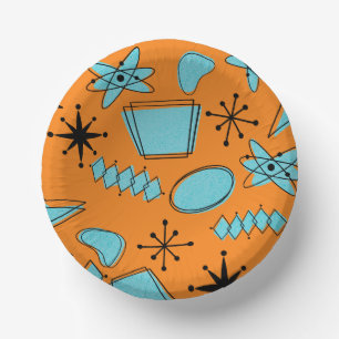 MCM Atomic Shapes Turquoise on Orange Paper Plate