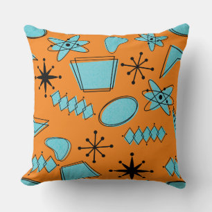MCM Atomic Shapes Turquoise on Orange Throw Pillow