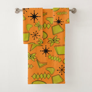 MCM Atomic Yellow and Black on Orange  Bath Towel Set