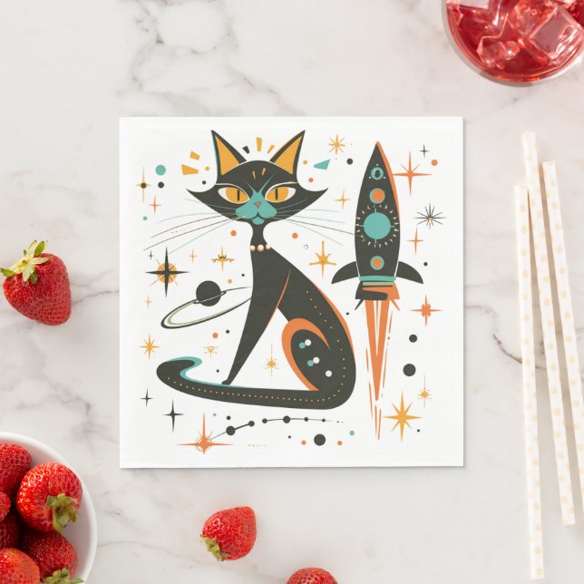 MCM Black Cat Retro Spaceship Stars Planets Napkin (Insitu)