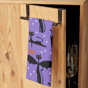 MCM Halloween Fancy Dress Minimalist Cats Purple Kitchen Towel