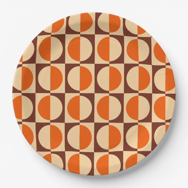 MCM Retro Geometric Half Square and Circle Pattern Paper Plate (Front)