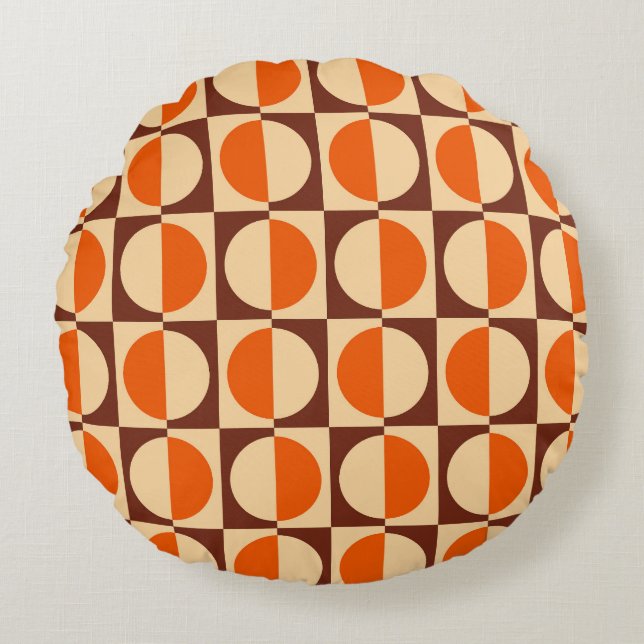 MCM Retro Geometric Half Square and Circle Pattern Round Pillow (Front)