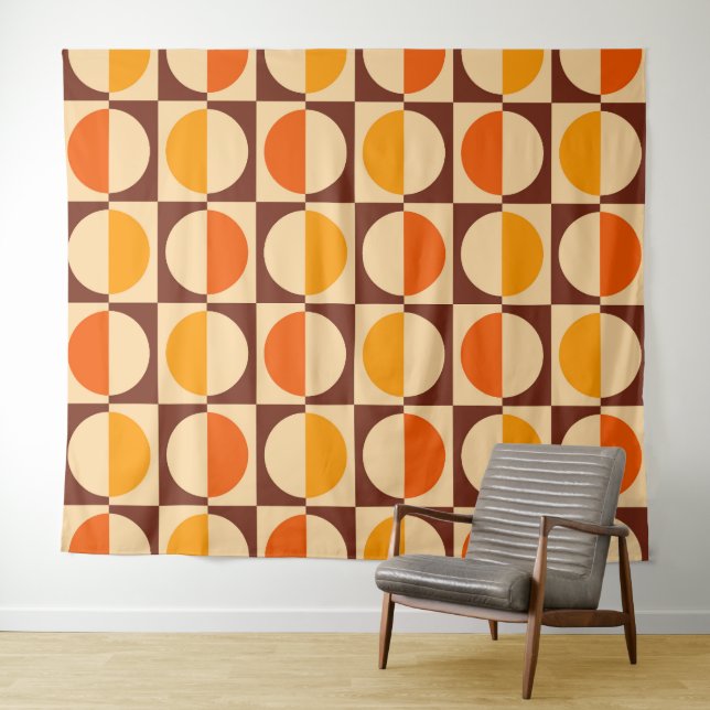 MCM Retro Geometric Half Square and Circle Pattern Tapestry (In Situ (Horizontal))