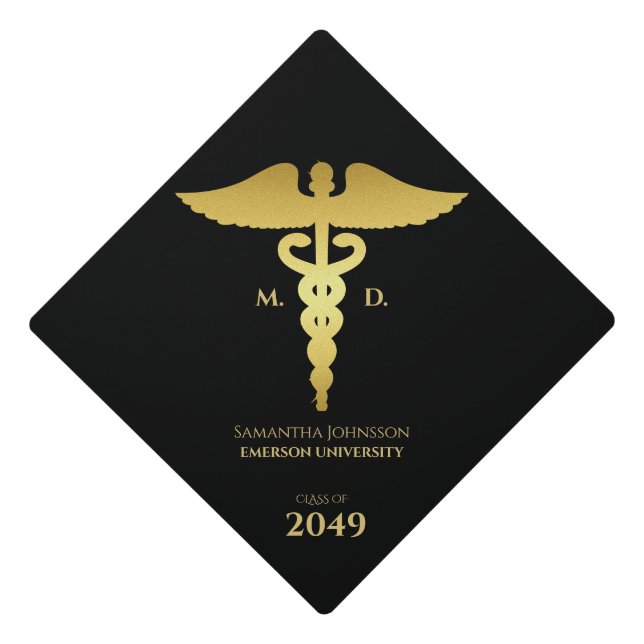 MD RN Doctor Nurse Simple Black Year Gold Caduceus Graduation Cap Topper (Front)