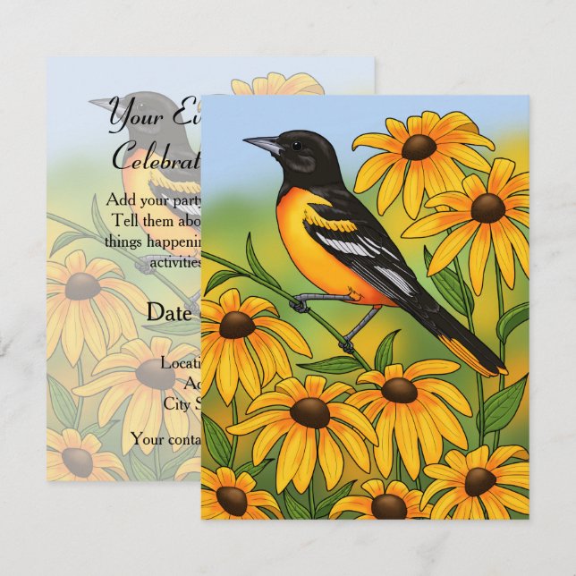 MD State Bird Oriole & Black-eyed Susan Flower Invitation (Front/Back)