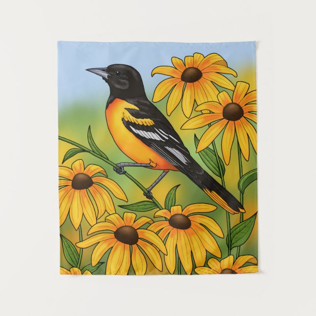 MD State Bird Oriole & Black-eyed Susan Flower Tapestry (Front)