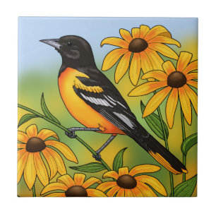 MD State Bird Oriole & Black-eyed Susan Flower Tile