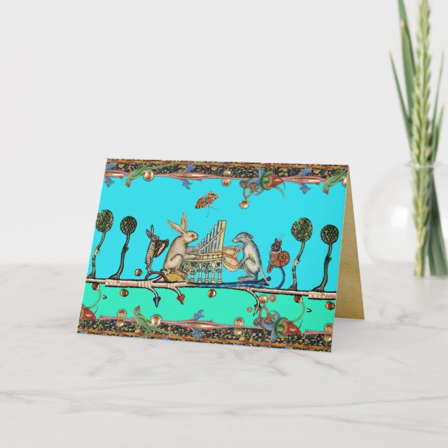 MDIEVAL ANIMALS DOG AND RABBIT PLAYING ORGAN Blue Holiday Card (Front)