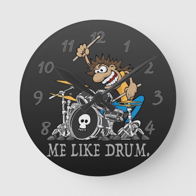 Me Like Drum. Wild Drummer Cartoon Illustration Round Clock (Front)