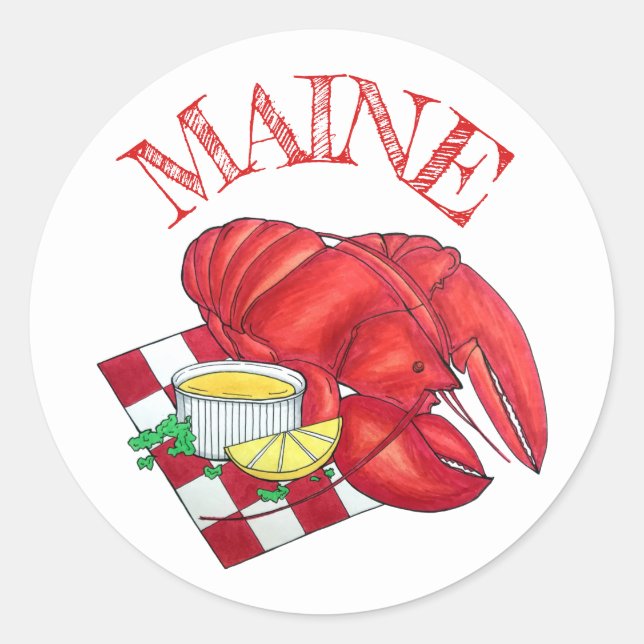 ME Maine Lobster Shack Seafood Dinner Red Gingham Classic Round Sticker (Front)
