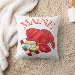 ME Maine Lobster Shack Seafood Dinner Red Gingham Throw Pillow