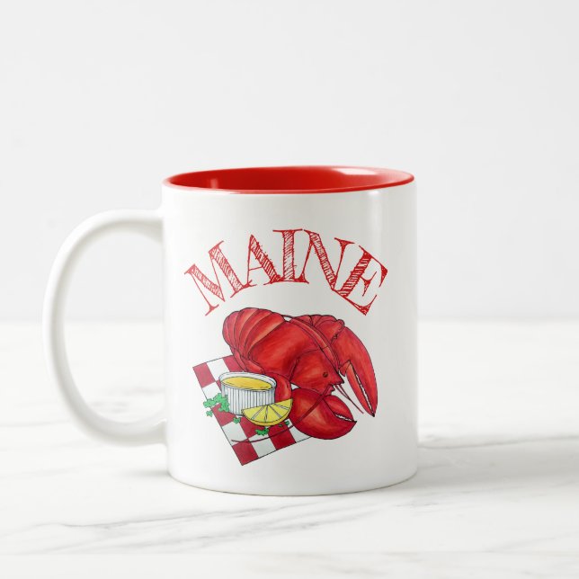ME Maine Lobster Shack Seafood Dinner Red Gingham Two-Tone Coffee Mug (Left)