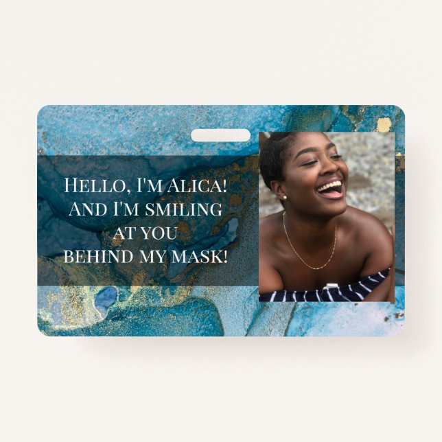 Me Smiling at You Behind this Mask! Aqua & Gold Badge (Front)