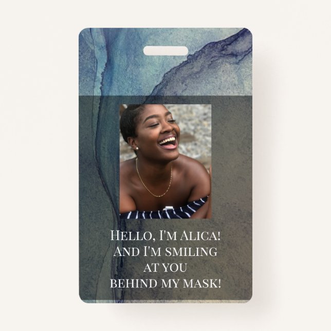 Me Smiling at You Behind this Mask! Blue Purple Badge (Front)