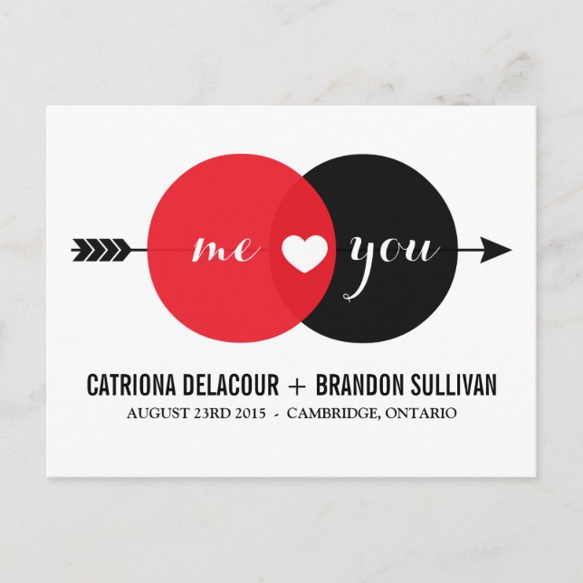 Me & You Venn Diagram Heart Save the Date Postcard (Front)