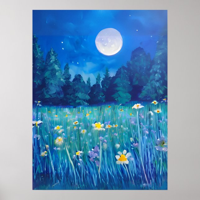 Meadow and Forest Under a Full Moon Poster (Front)