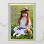 Meadow Antique Doll Flat Foil Card<br><div class="desc">An antique German doll circa 1890s from my personal collection, and her pet rabbit Elvis Parsley, send your heartfelt greetings with front text and your recipient's name in real gold foil to a special little girl, friend, perhaps a vintage/antique dolls admirer or collector. All text is fully customizable so you...</div>