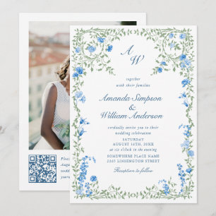 Meadow Blue French Roses Wedding QR code Photo Invitation