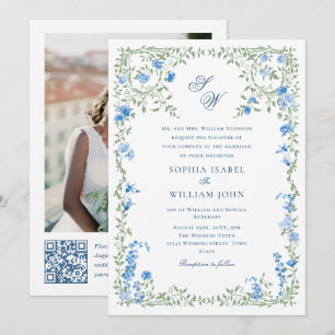 Meadow Blue French Roses Wedding QR code Photo Invitation