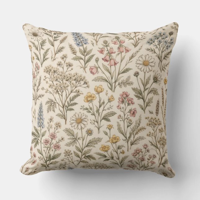 Meadow Botanica – Vintage Wildflower Throw Pillow (Front)