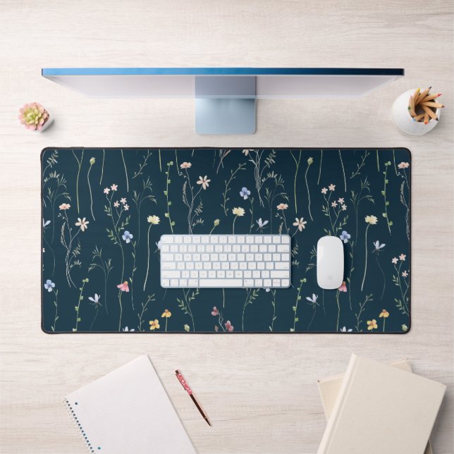 Meadow, dark blue wildflowers, watercolor desk mat (Office 1)