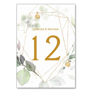 Meadow Eucalyptus Leaves Green & Gold Geometric Table Number