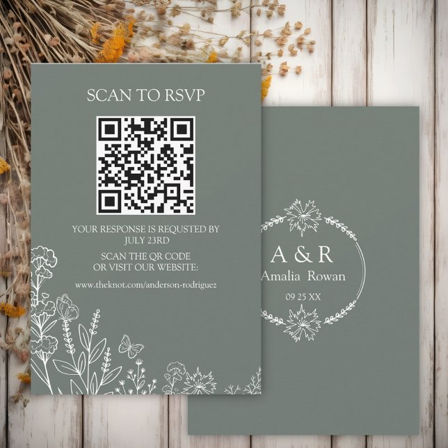 Meadow Flowers Sirocco Green Scan QR RSVP card (Creator Uploaded)