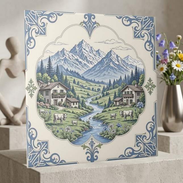 Meadow Grazing Cow Rustic Blue Mountain Scenic Art Tile (Meadow Grazing Cow Rustic Blue Mountain Scenic Art Ceramic Tile)