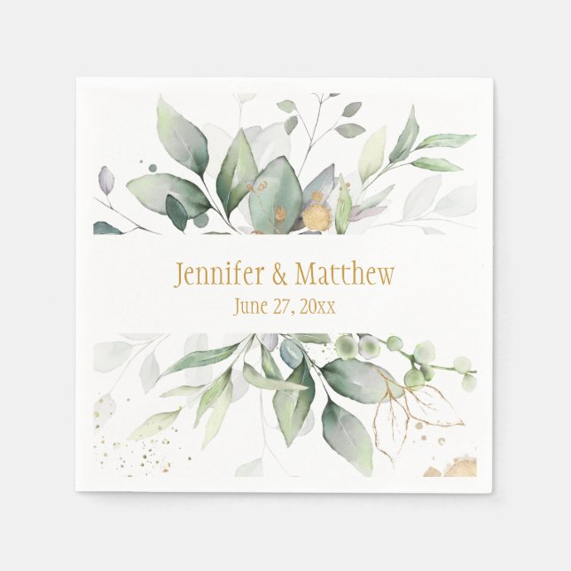 Meadow Green and Gold Botanical Eucalyptus Leaves Napkin (Front)