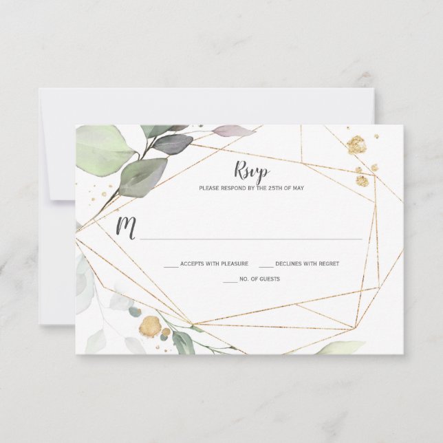 Meadow Green and Gold Leaves Geometric RSVP Card (Front)