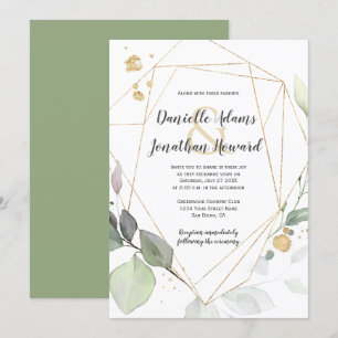 Meadow Green and Gold Leaves Geometric Wedding Invitation