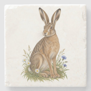 Meadow Hare beside White Daisies and Blue Flowers Stone Coaster