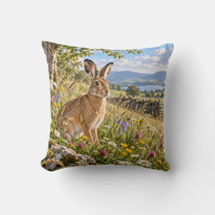 Meadow Hare Lake Landscape Throw Pillow