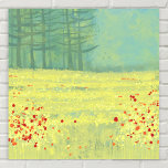 Meadow Landscape Painting Poster<br><div class="desc">A modern contemporary landscape painting featuring a peaceful flower filled summer meadow with birds flying against the sky and a forest of pine trees in the distance. Fresh and uplifting yellow and green colors. Original art by Nic Squirrell.</div>