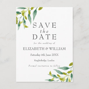 Meadow Leaves Watercolour Wedding Save the Date Announcement Postcard