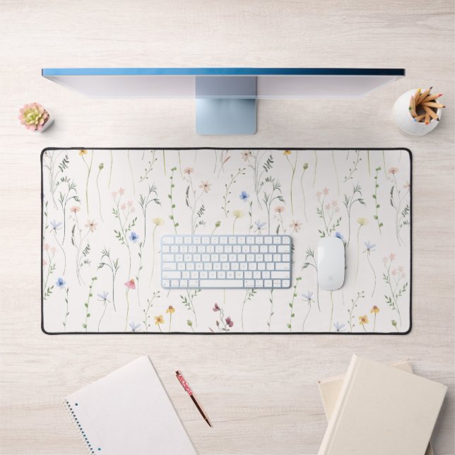 Meadow, light pink wildflowers, watercolor desk mat (Office 1)