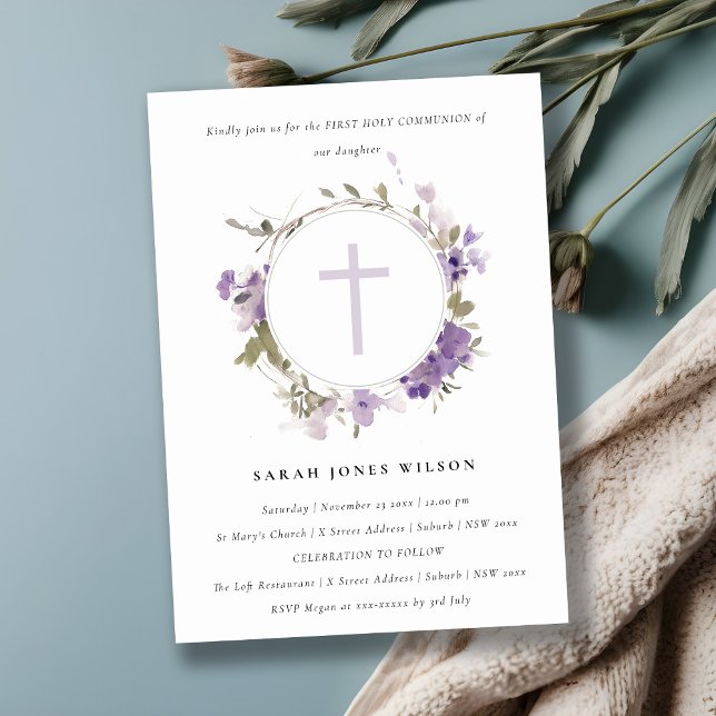 Meadow Lilac Floral Wreath First Holy Communion Invitation (Creator Uploaded)