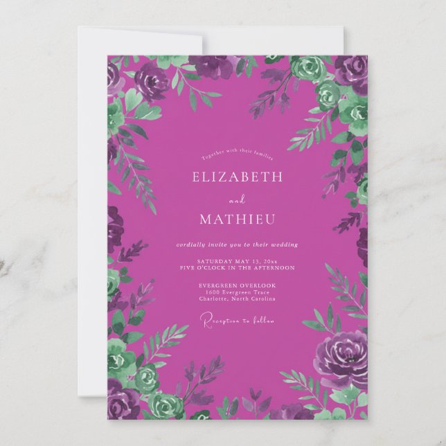 Meadow Magenta Painted Leaf Wedding Invitation (Front)