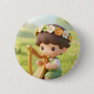 Meadow Melodies: Cute Boy with Flower Crown & Harp 2 Inch Round Button