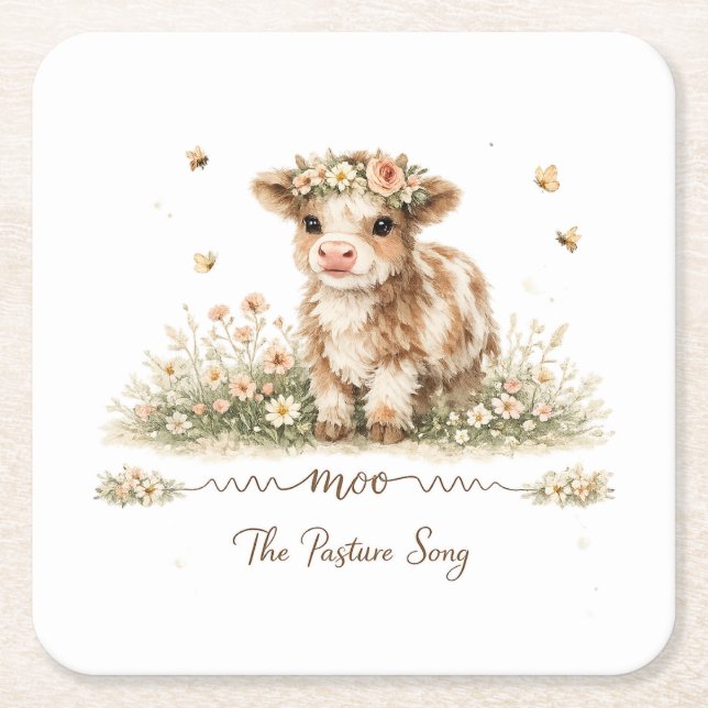 Meadow Melody cow paper plates Square Paper Coaster (Front)