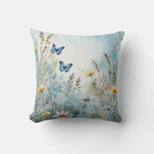 Meadow Muse   Butterfly and Wildflower Watercolor Throw Pillow
