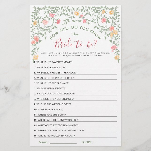 Meadow Pastel French Roses Bridal Shower Game (Front)
